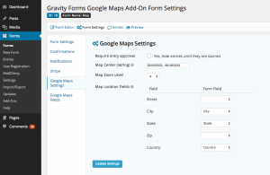 Form settings are the general settings for the form. These tell the plugin what location data the form contains and how the map should be displayed.